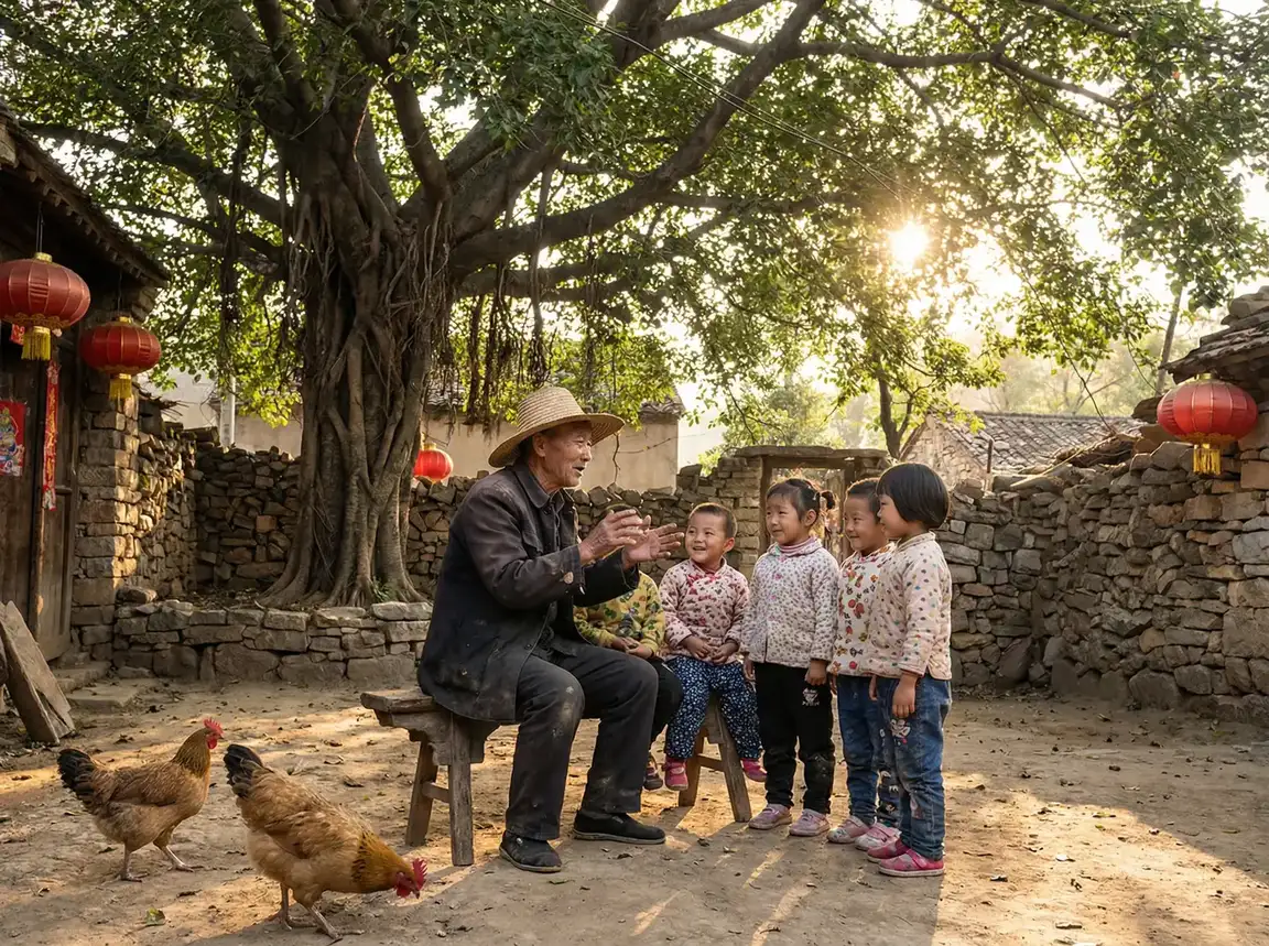 老人在大榕树下给孩子们讲故事 - 两个人看的WWW高清视频中文 乡村记忆
